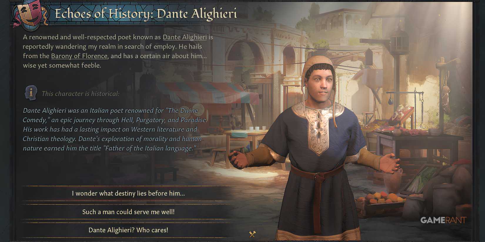 Dante Alighieri, Italian poet, in Echoes of History in Crusader Kings 3