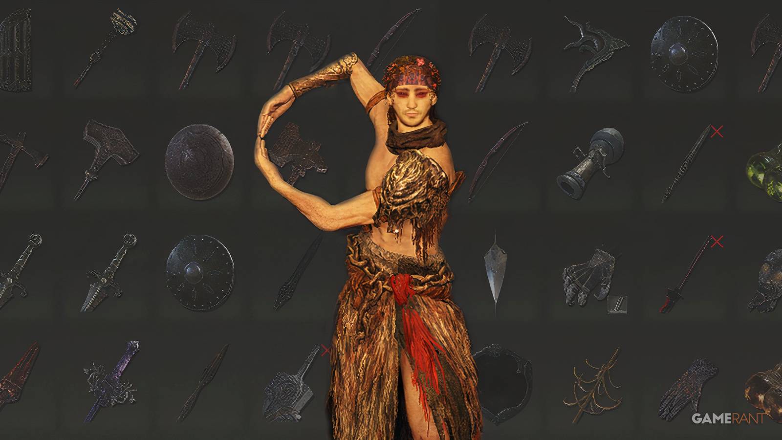 Elden Ring weapon types background with Maidenless Tarnished emoting GAMERANT custom image