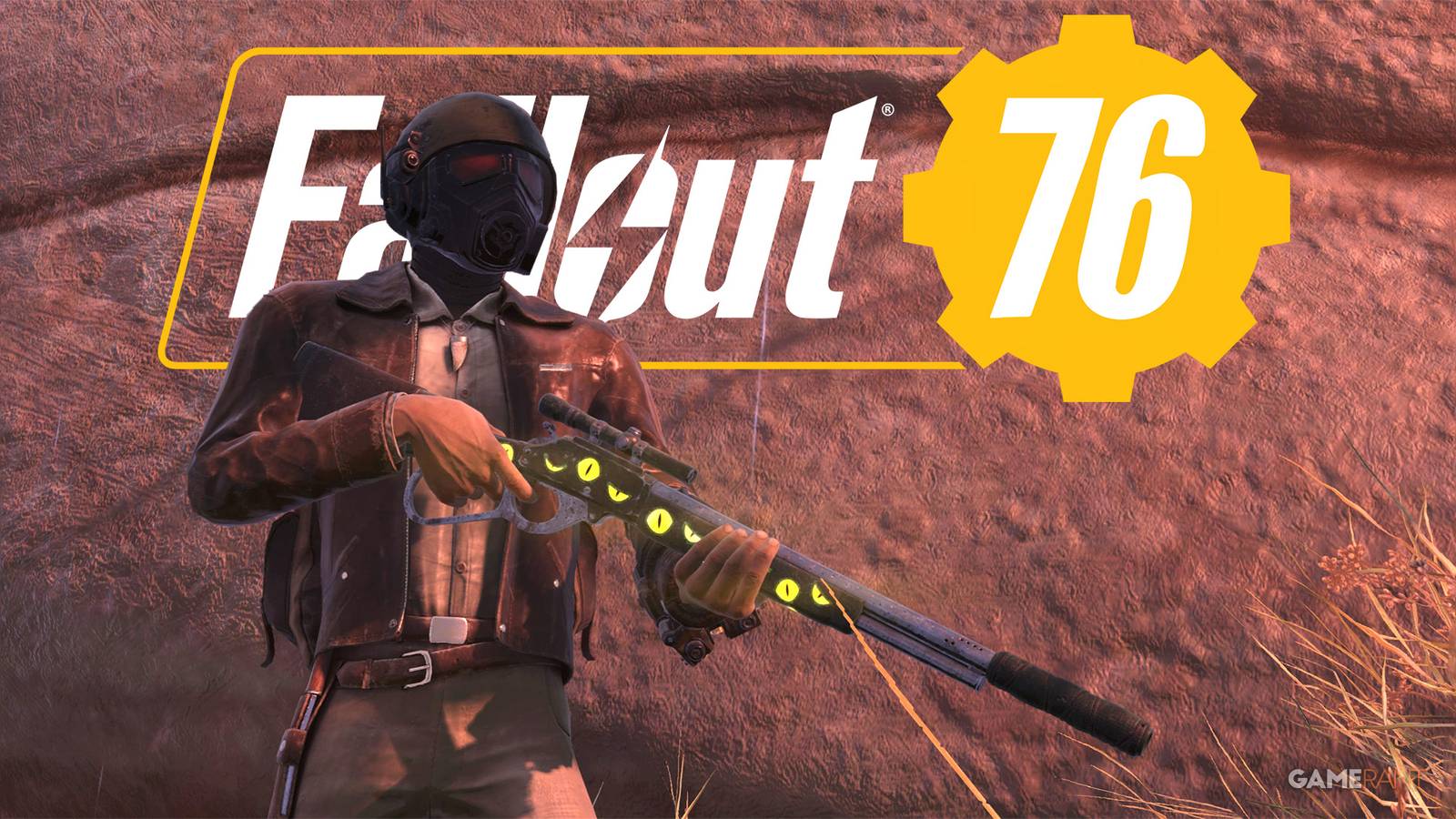 Fallout 76 sniper with New Vegas ranger helmet in front of yellow and white game logo 2x1 composite