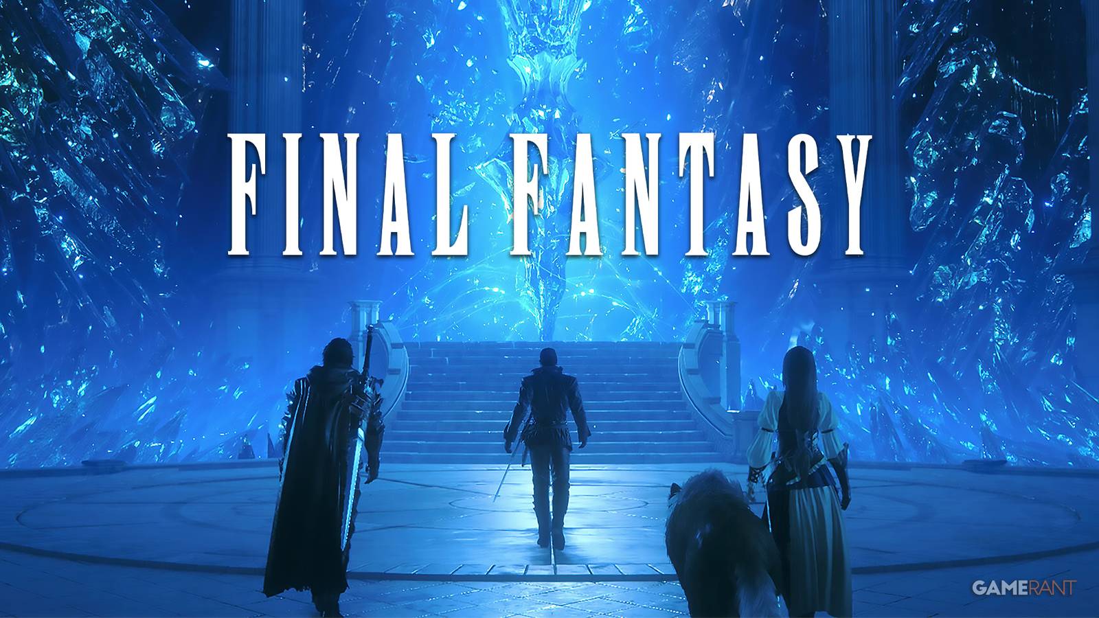 Final Fantasy 16 party with crystal and logo