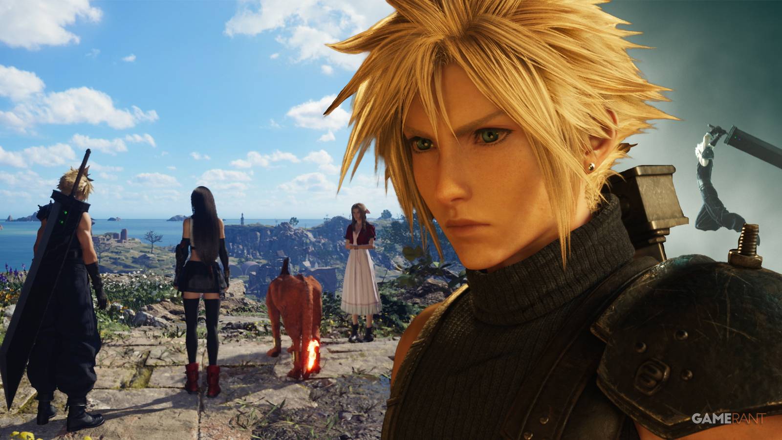 Final Fantasy 7 Rebirth Cloud with exploration and combat in the background