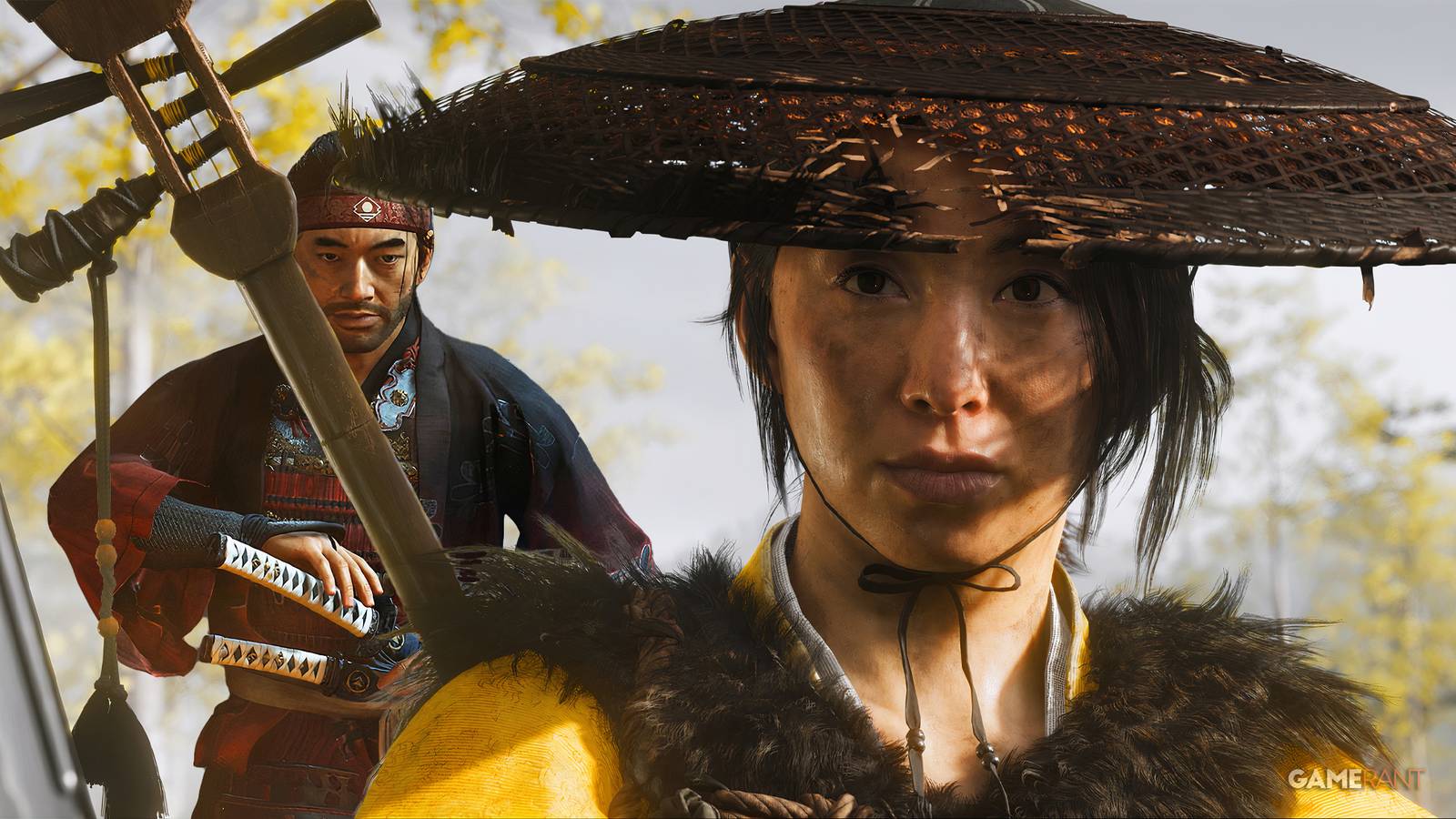 Ghost of Yotei Atsu with Jin Sakai behind her