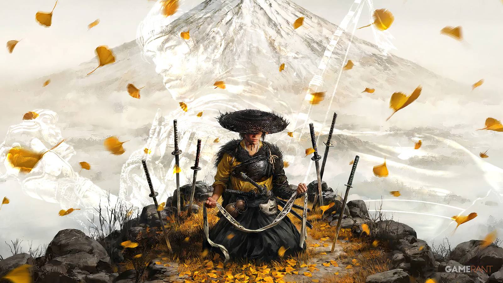 Ghost of Yotei key art with Jin Sakai in the background