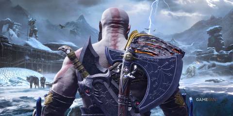 God of War Kratos back turned with Norse background