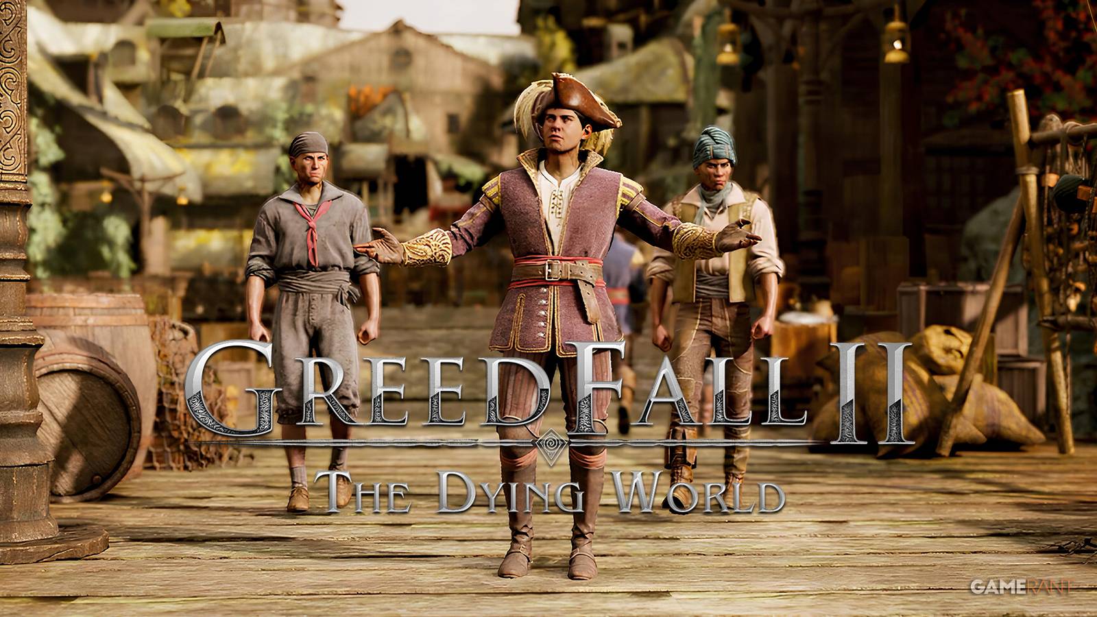 GreedFall 2 characters at port with logo