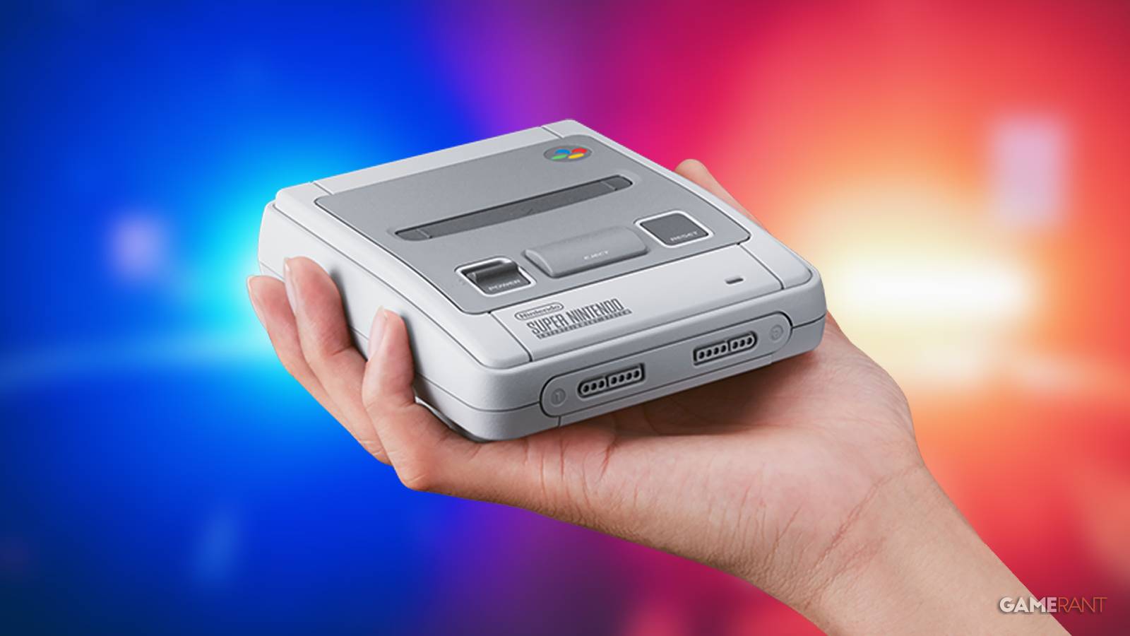 hand holding SNES Mini police lights red and blue background 2x1 composite