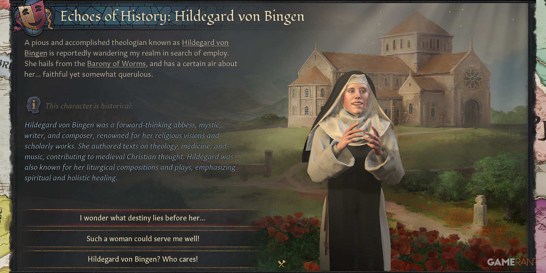 Hildegard von Bingen, German abbess, in Echoes of History in Crusader Kings 3