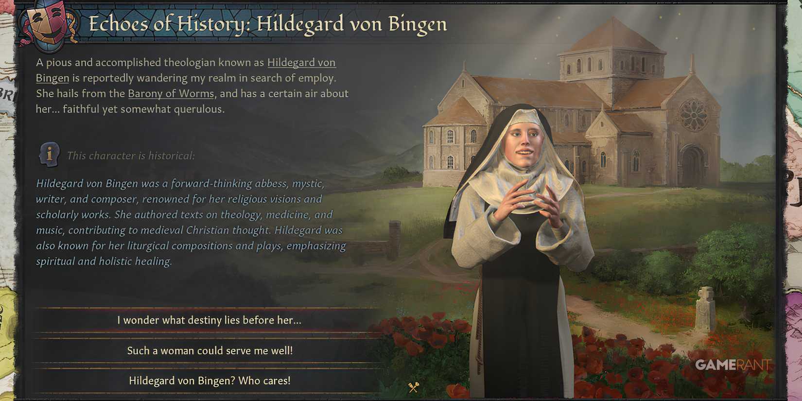 Hildegard von Bingen, German abbess, in Echoes of History in Crusader Kings 3