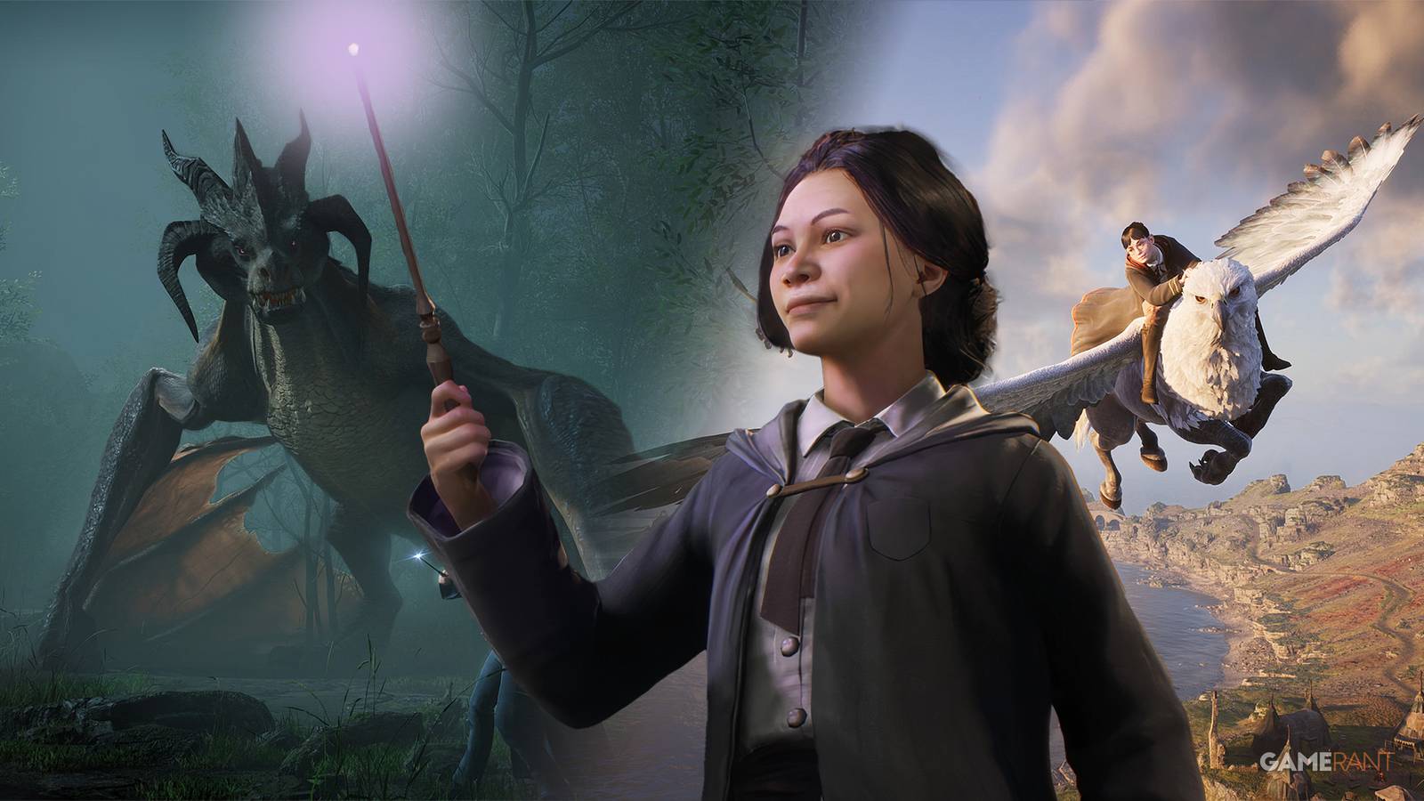 Hogwarts Legacy witch with combat and exploration in the background