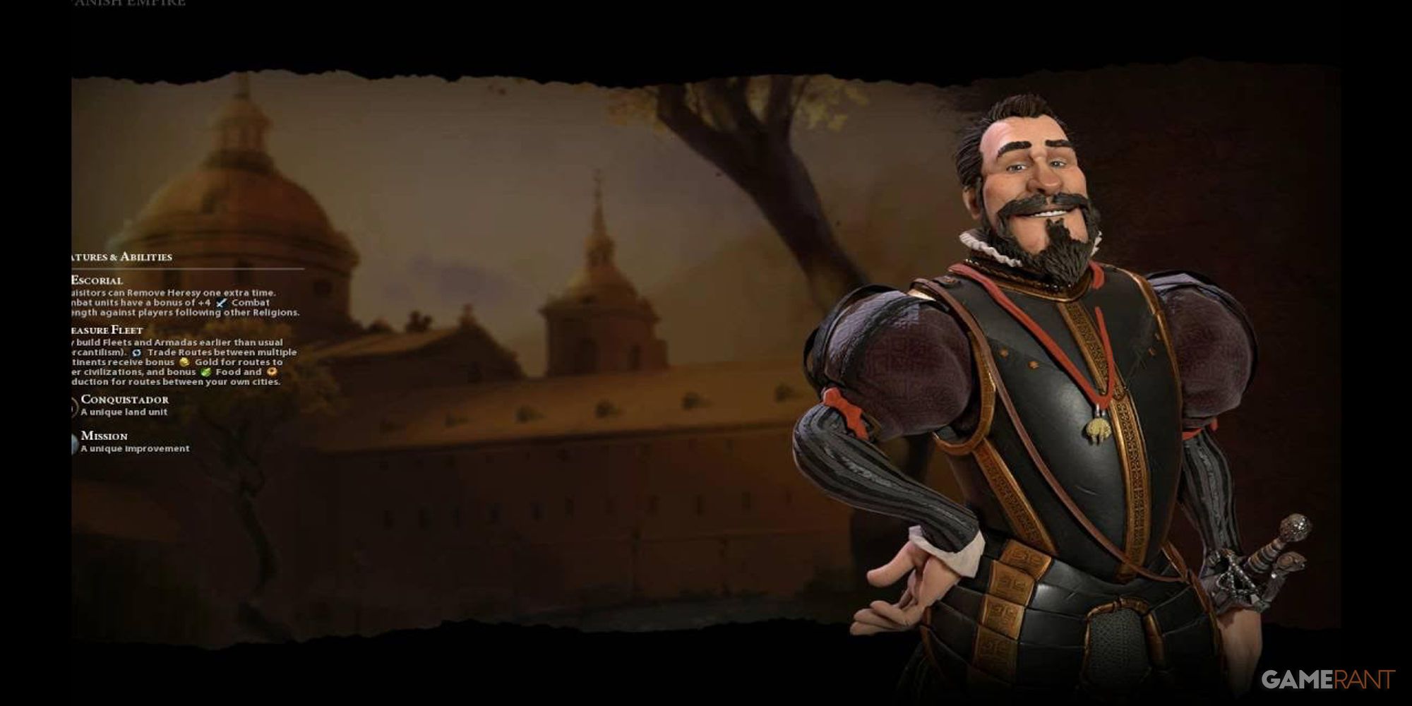 The loading screen for Philip II from Civilization 6