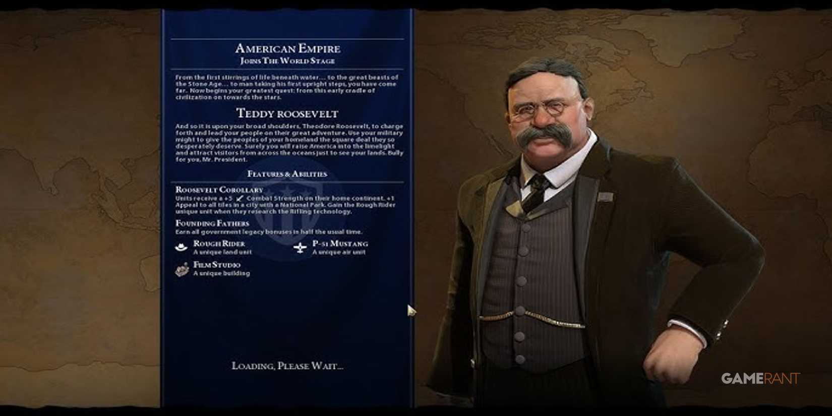 The loading screen for someone playing as Teddy Roosevelt in Civilization 6