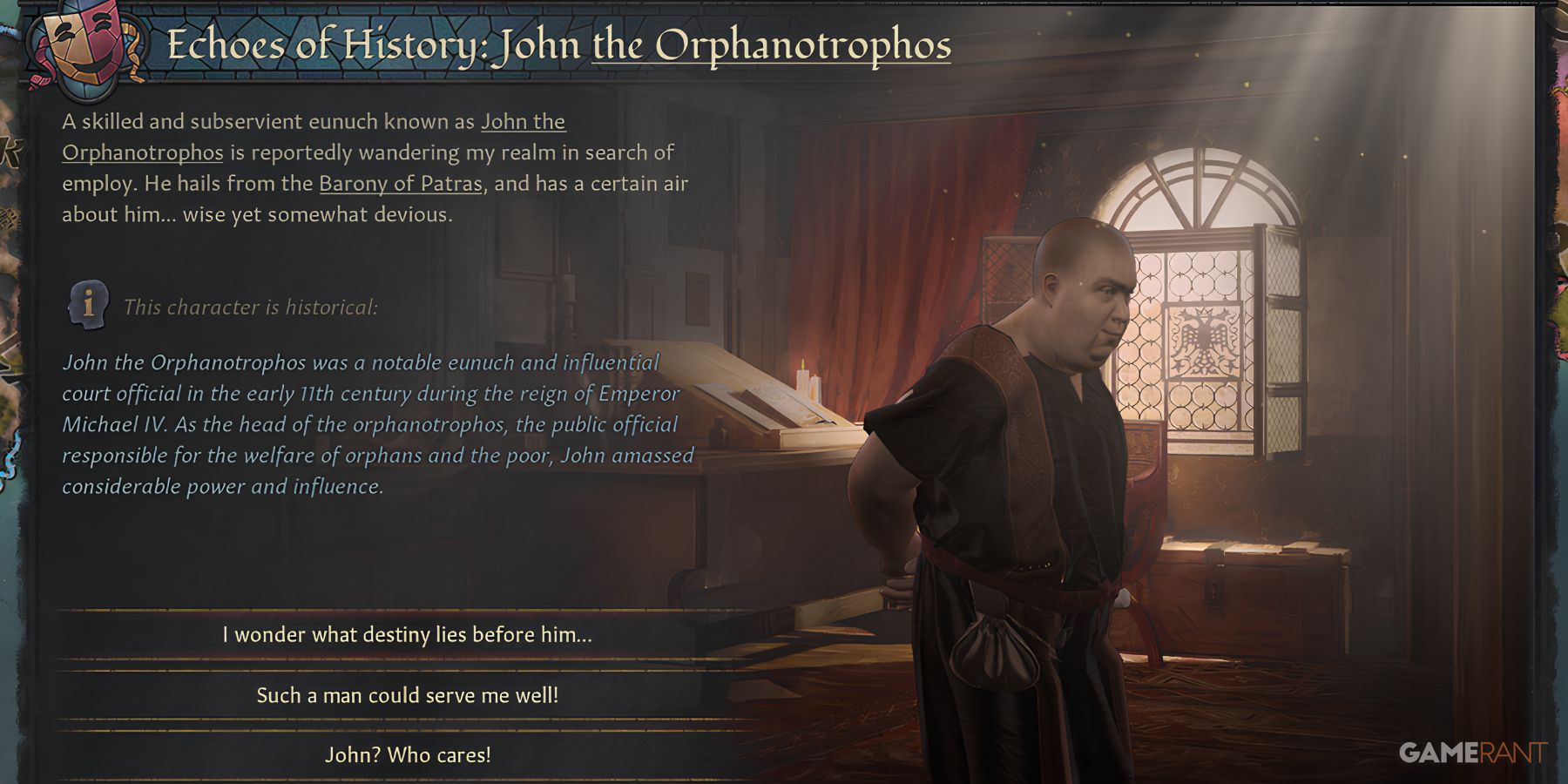 John the Orphanotrophos, Byzantine eunuch, in Echoes of History in Crusader Kings 3-1