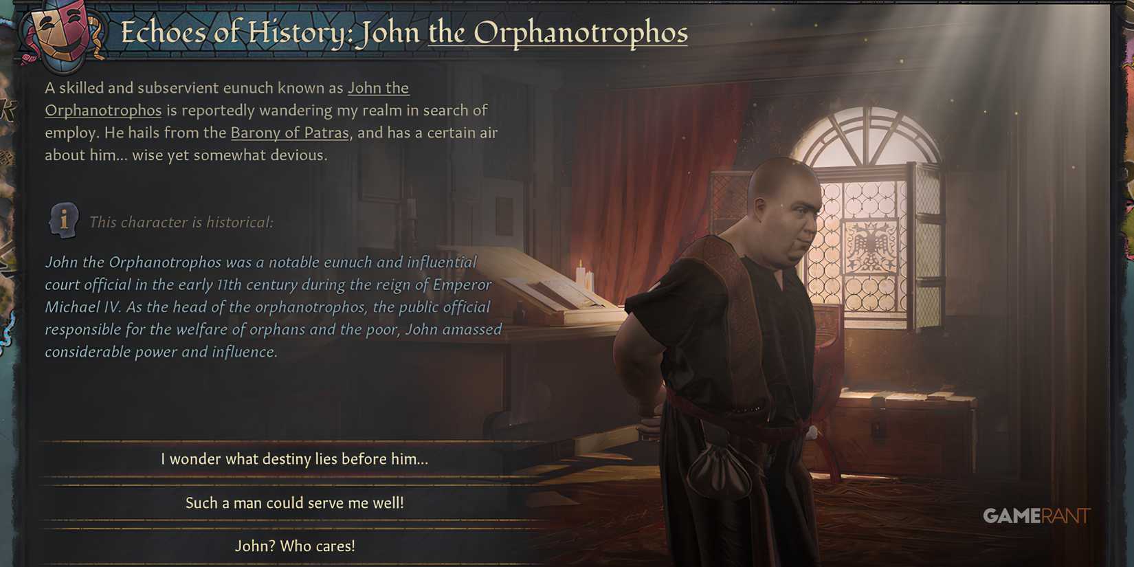John the Orphanotrophos, Byzantine eunuch, in Echoes of History in Crusader Kings 3-1