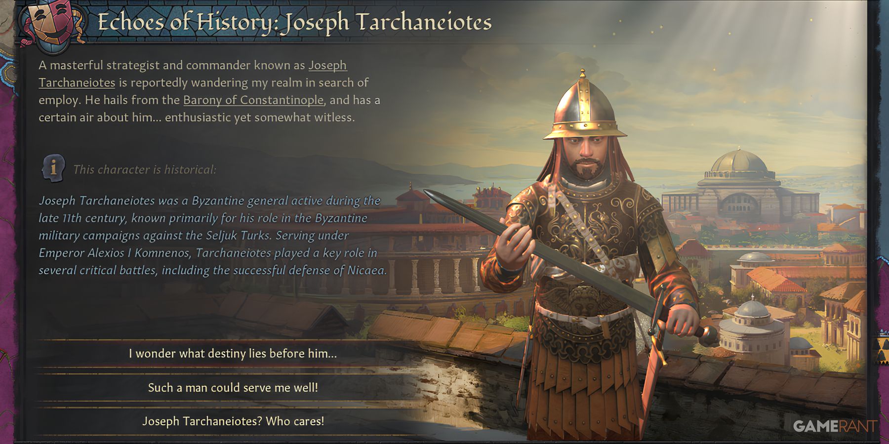 Joseph Tarchaneiotes, Byzantine general, in Echoes of History in Crusader Kings 3