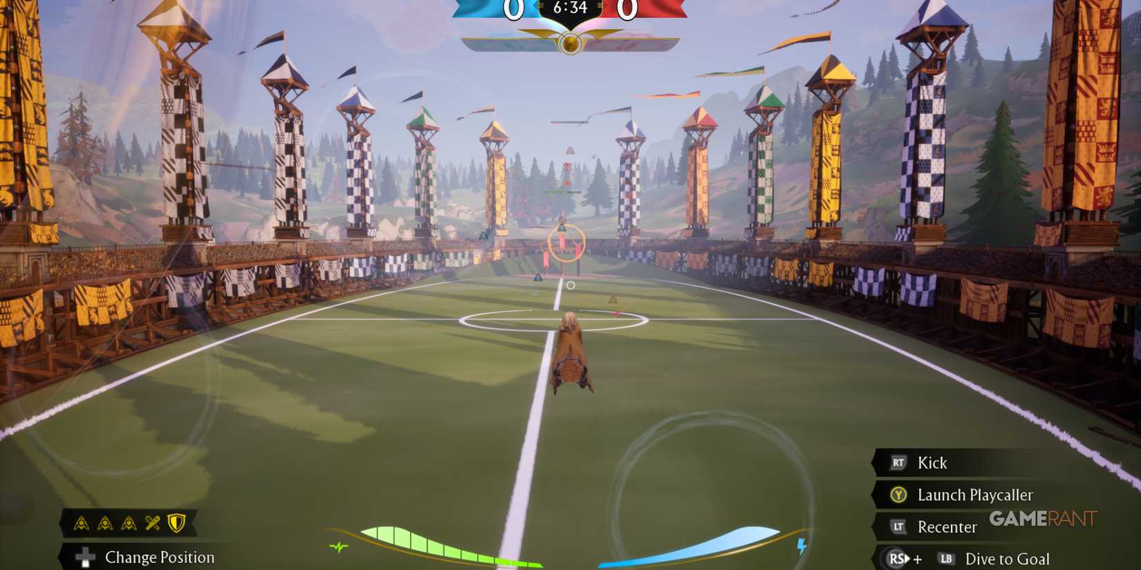 Keeper flying over the field in Quidditch Champions, aiming for the goal during a match