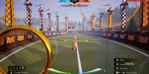 Keeper flying towards the goal rings in Quidditch Champions, preparing to defend in an ongoing match