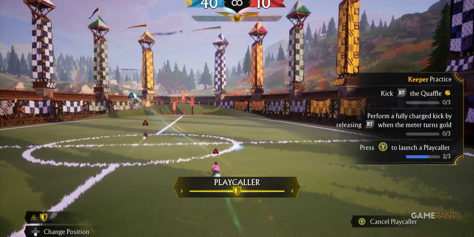 Keeper practice in Quidditch Champions, with instructions for kicking and launching the playcaller