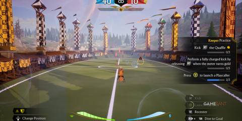 Keeper practicing in Quidditch Champions, preparing to kick the Quaffle into the goal during training