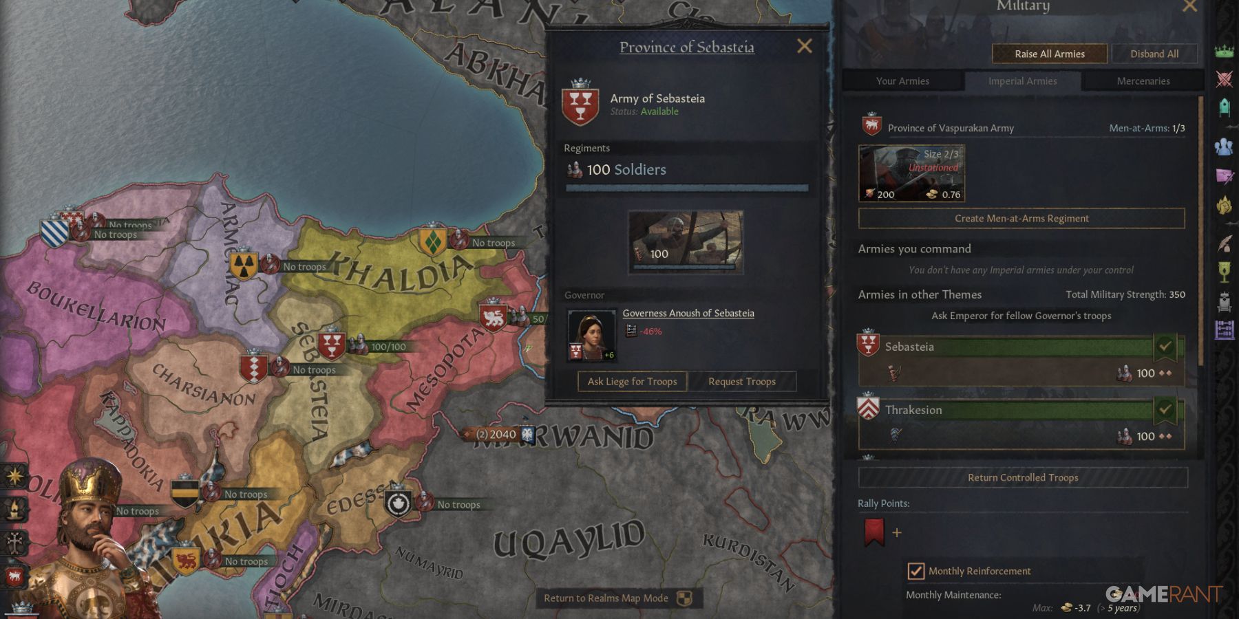 Crusader Kings 3 - Manage imperial and provincial armies using governor efficiency in Roads to Power DLC