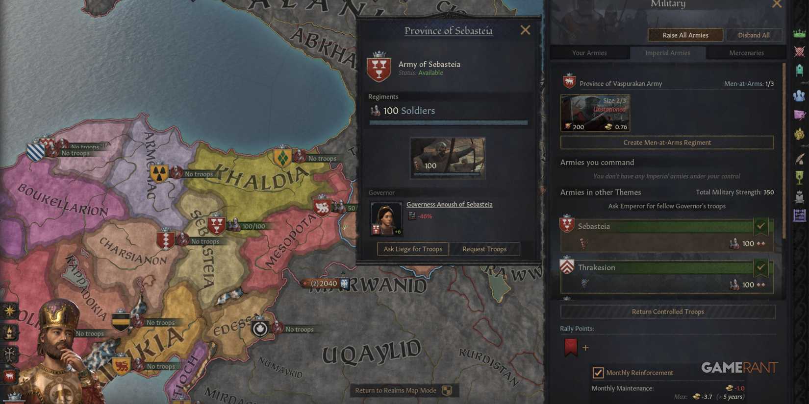 Crusader Kings 3 - Manage imperial and provincial armies using governor efficiency in Roads to Power DLC