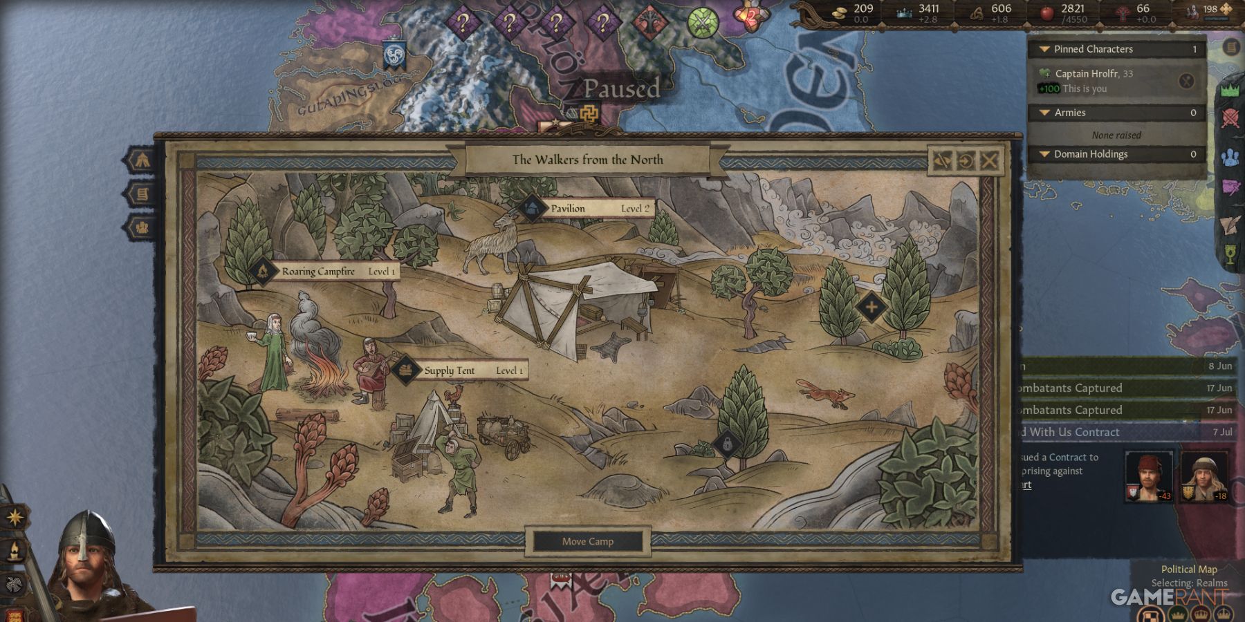 Manage camp improvements for Landless Adventurers in Crusader Kings 3, including buildings and resources