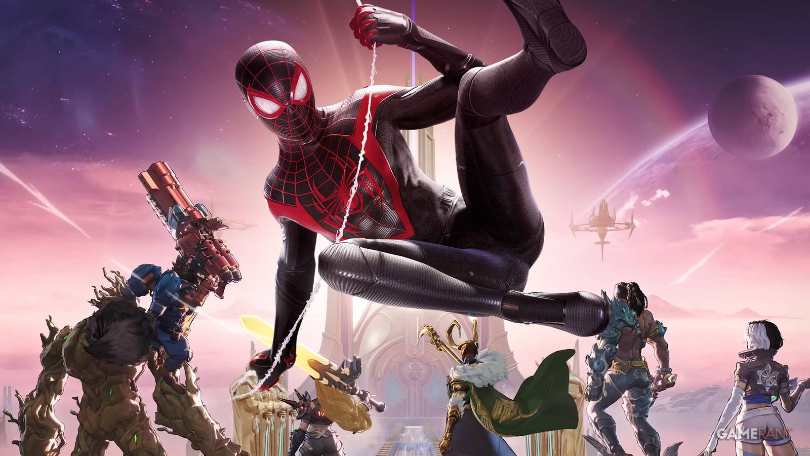 Miles Morales, in his render from Insomniac's Spider-Man games, swinging past several heroes and villains from Marvel Rivals,