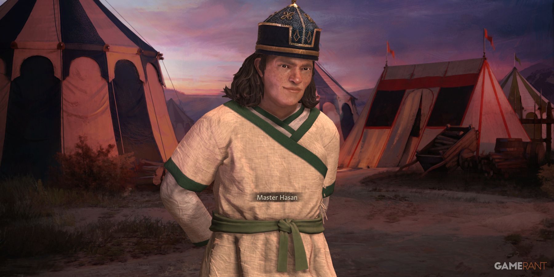 Master Hasan in simple robes, depicting the tactical minds of landless adventurers in Crusader Kings 3