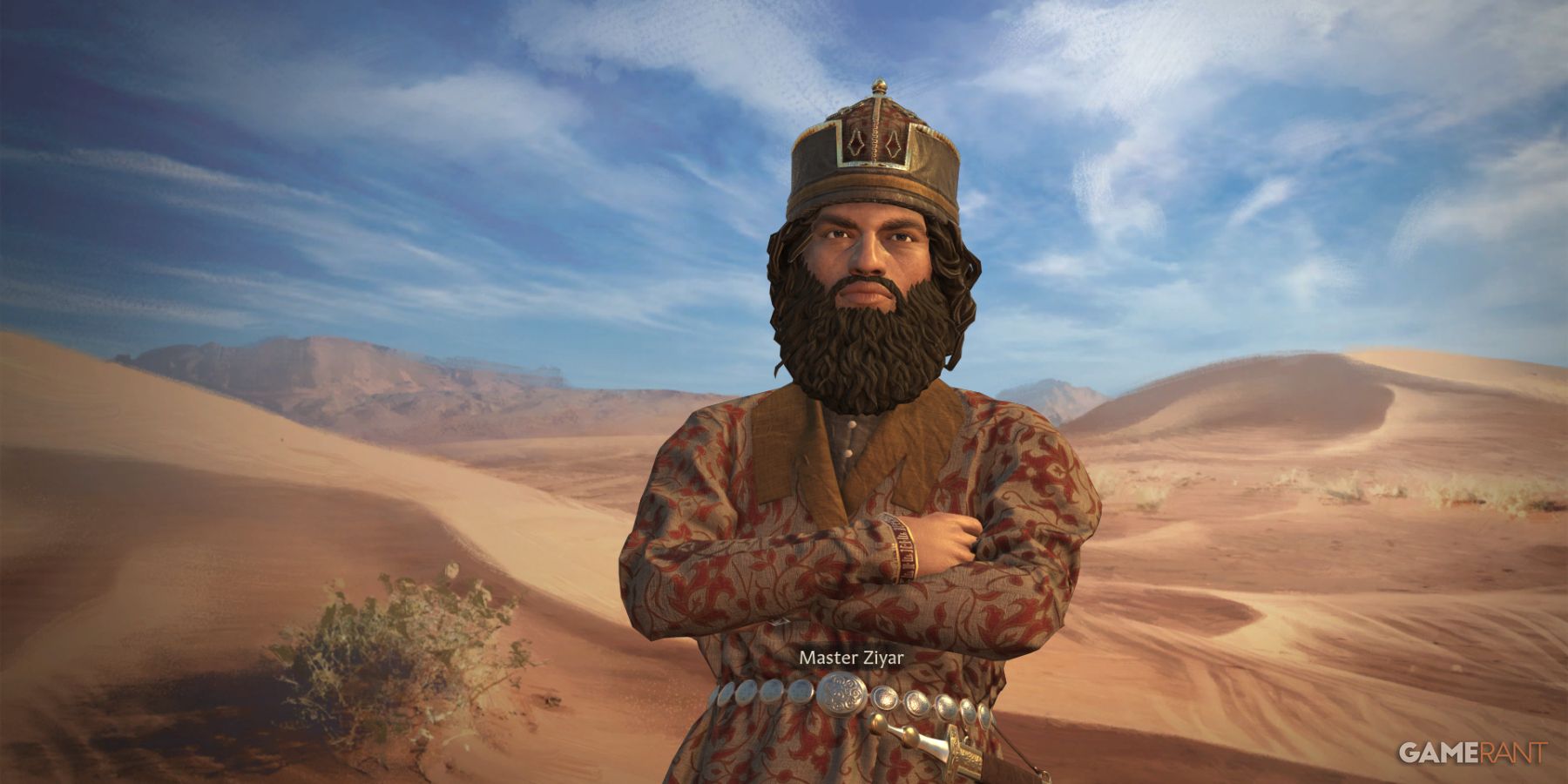 Master Ziyar standing in a vast desert landscape, representing the struggles of landless adventurers in Crusader Kings 3