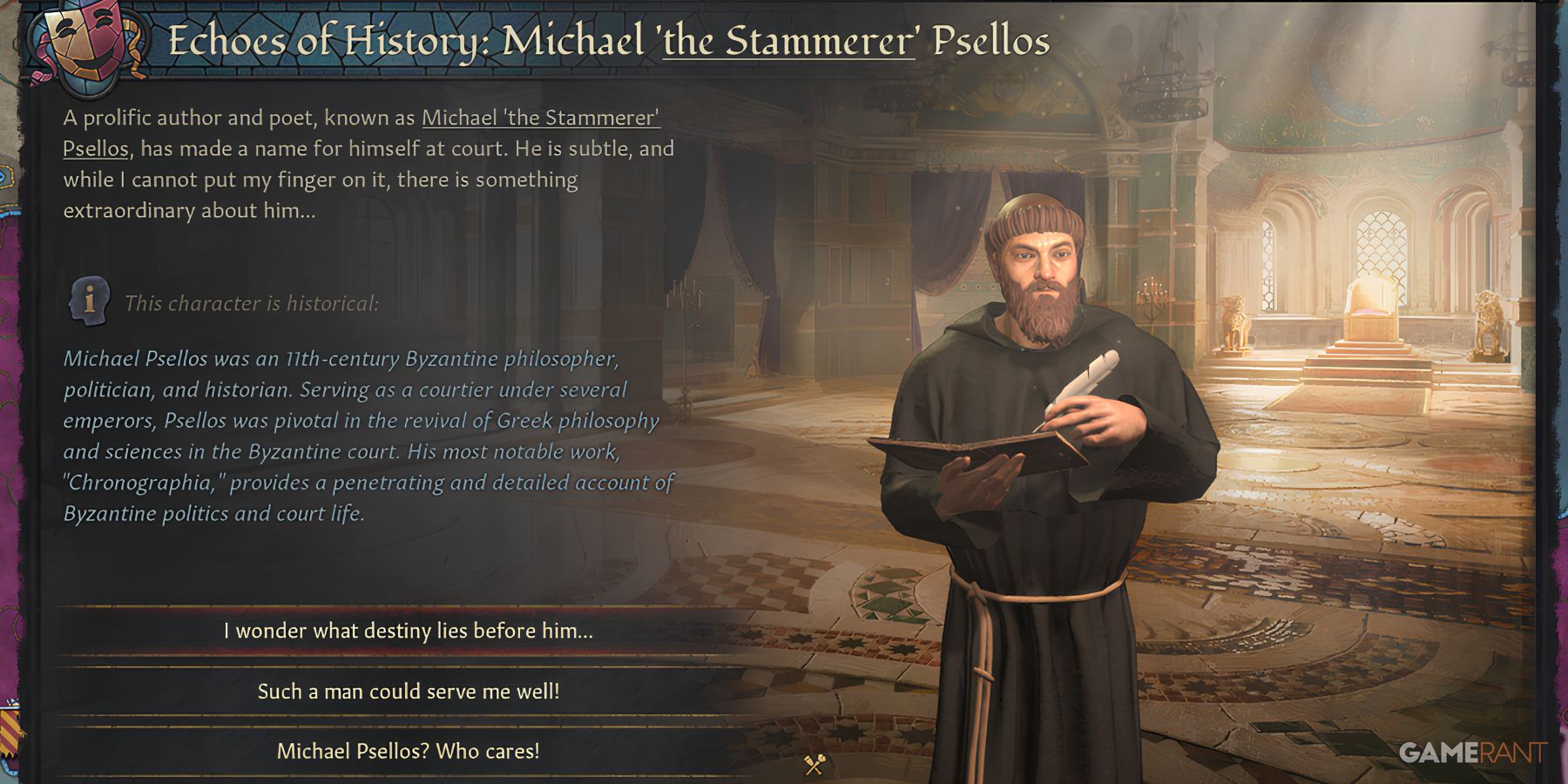 Michael Psellos, Byzantine philosopher, in Echoes of History in Crusader Kings 3