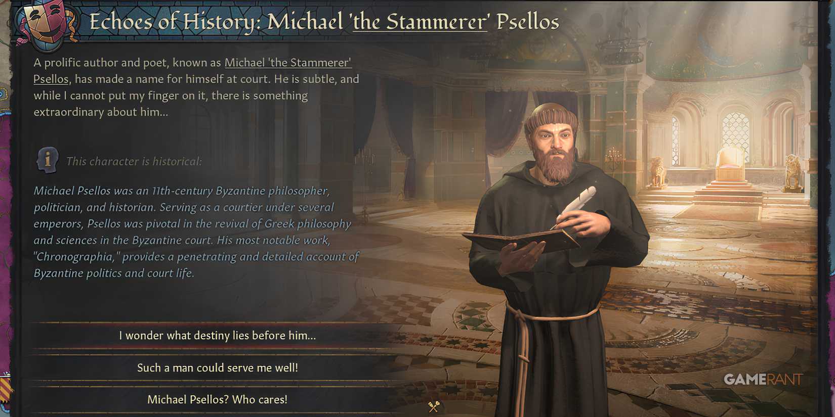Michael Psellos, Byzantine philosopher, in Echoes of History in Crusader Kings 3