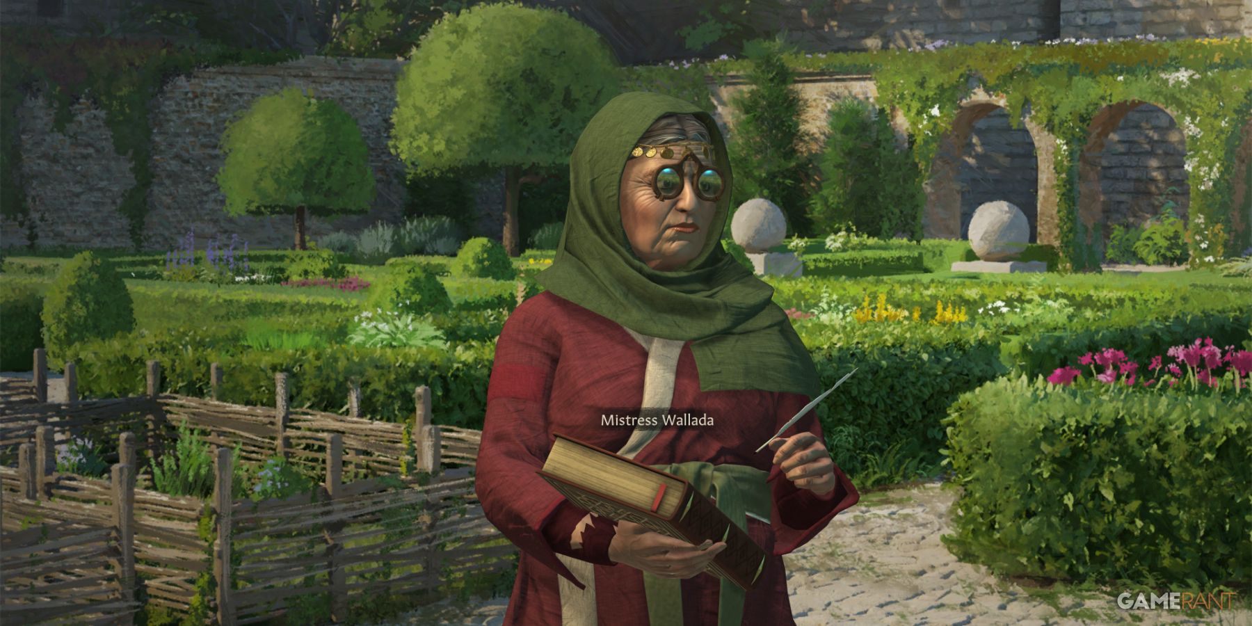 Mistress Wallada holding a book in a garden, showcasing wisdom and the role of landless adventurers in Crusader Kings 3