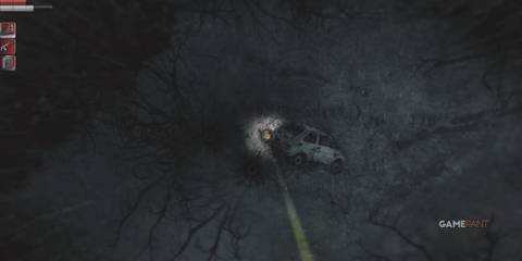 Player behind a ruined car in Darkwood