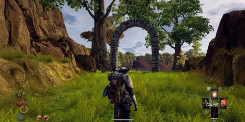 Outward player with big sword stands in grass near a stone arch