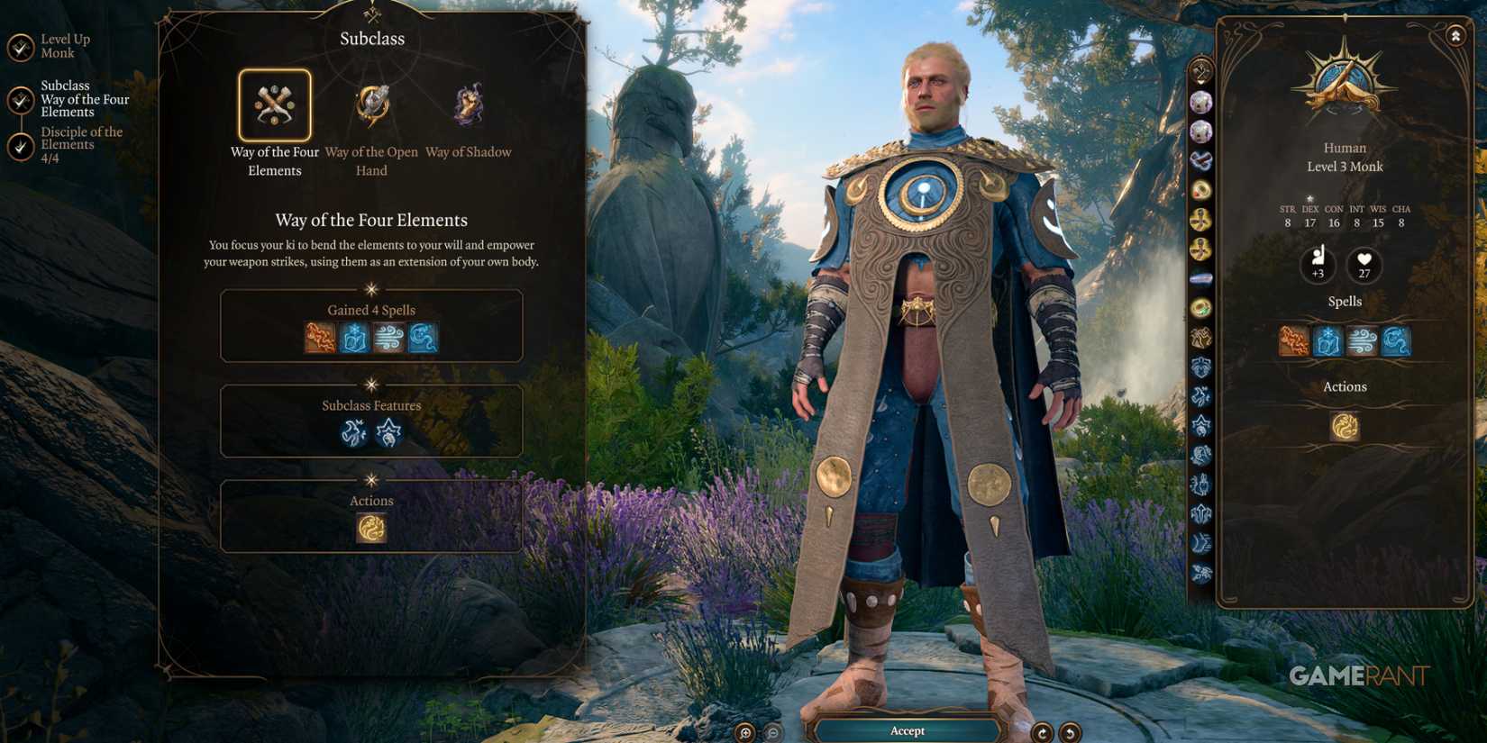 Monk wielding elemental powers from the 'Master Of All Four Elements' mod in Baldur's Gate 3