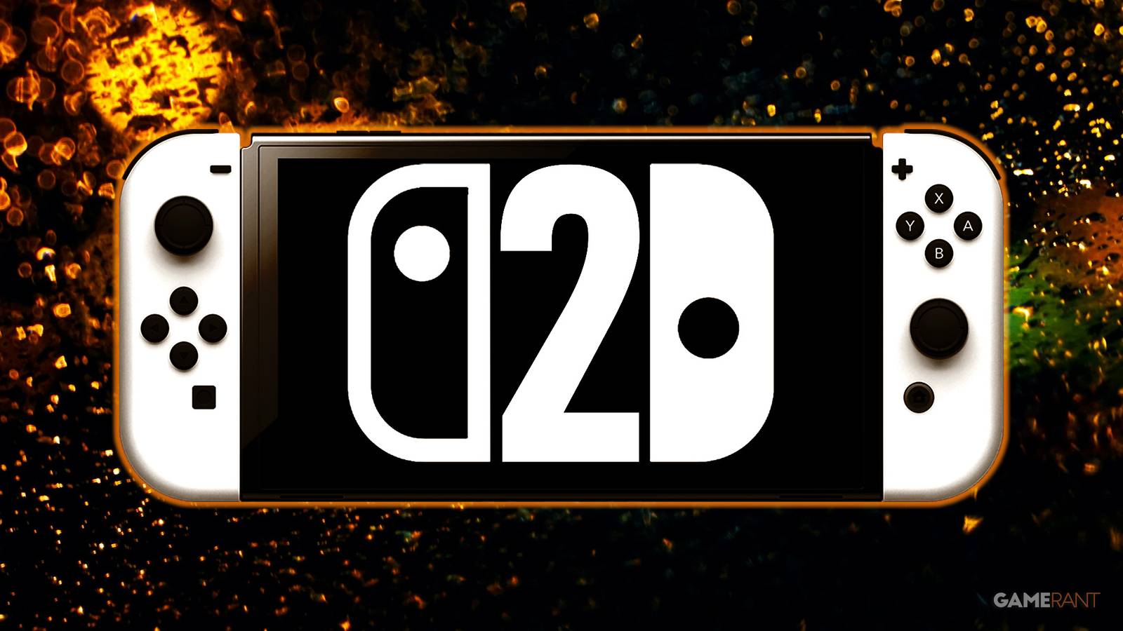 Nintendo Switch 2 white OLED model displaying mockup Switch logo on raindrop background yellow composite