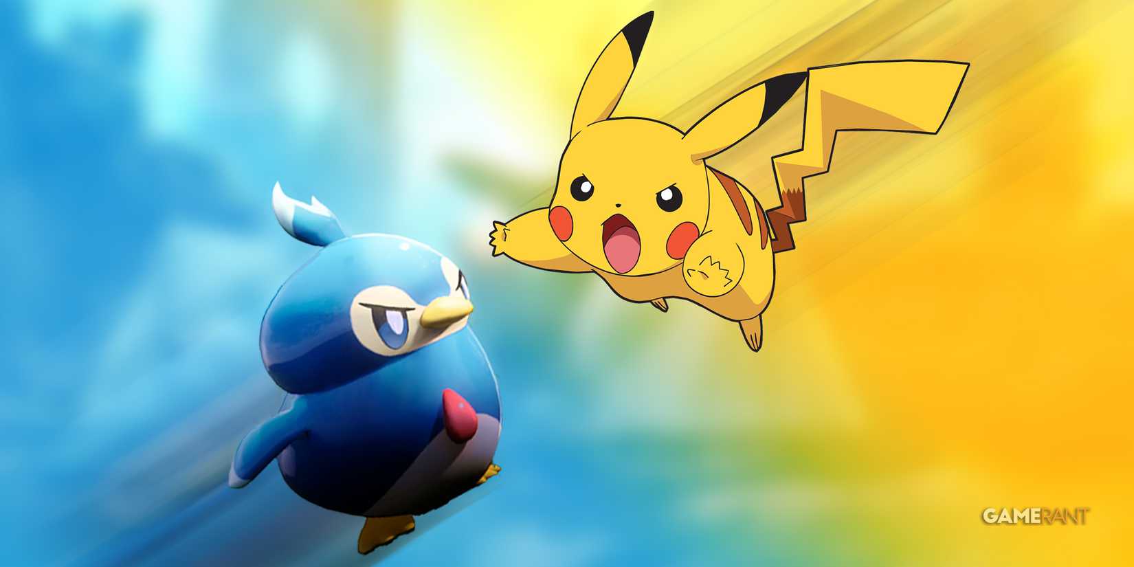 Palworld Pengullet vs Pikachu clashing on gradient background 2x1 composite