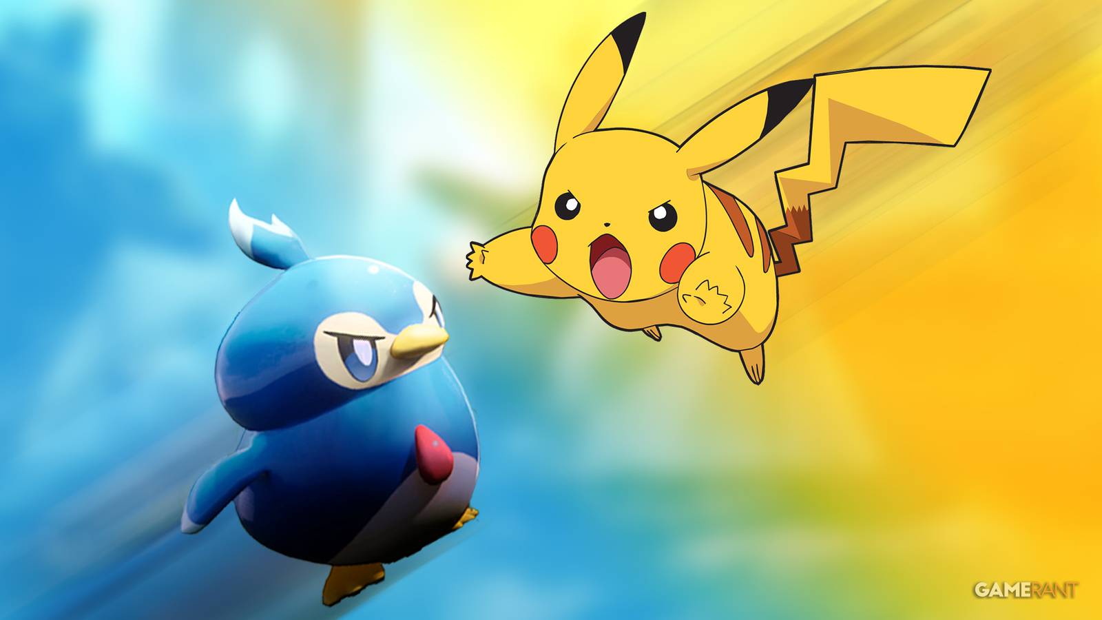 Palworld Pengullet vs Pikachu clashing on gradient background 2x1 composite