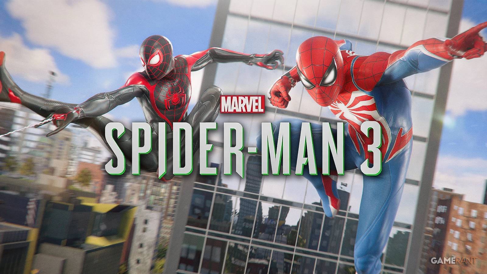 Peter and Miles swinging with Marvel's Spider-Man 3 logo