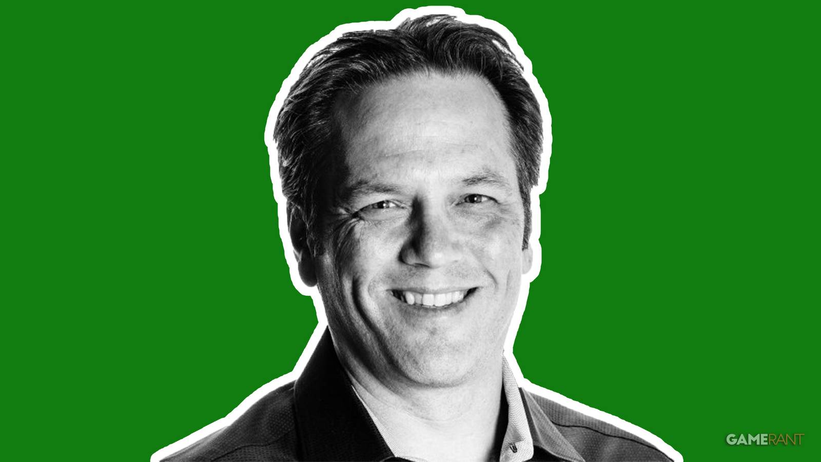 Phil Spencer black and white cutout on Xbox green background composite