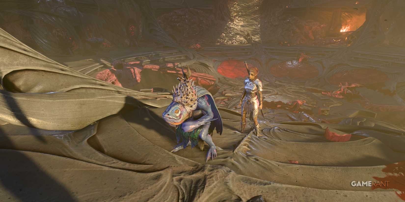 Playable Kuo-Toa character exploring a dark environment with the 'Kuo-Toa Playable Race' mod