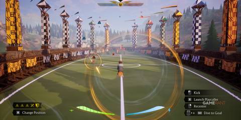 Player evading opponent and aiming for goal in Quidditch Champions, with position ready for kick