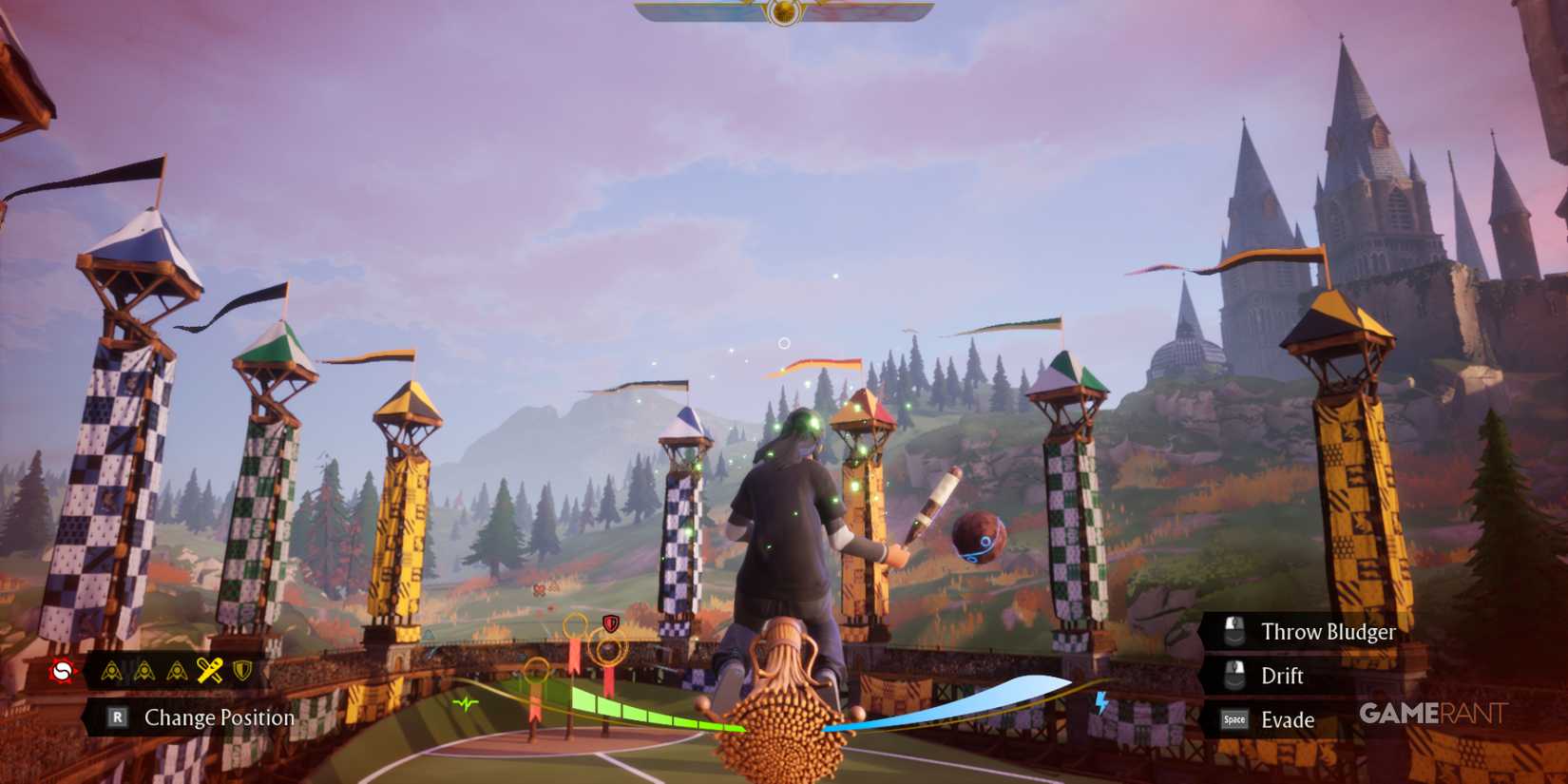 Player preparing to throw Bludger while flying above the pitch in Quidditch Champions, changing position