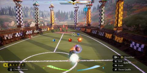 Player with Quaffle flying towards goalposts in Quidditch Champions, preparing to score