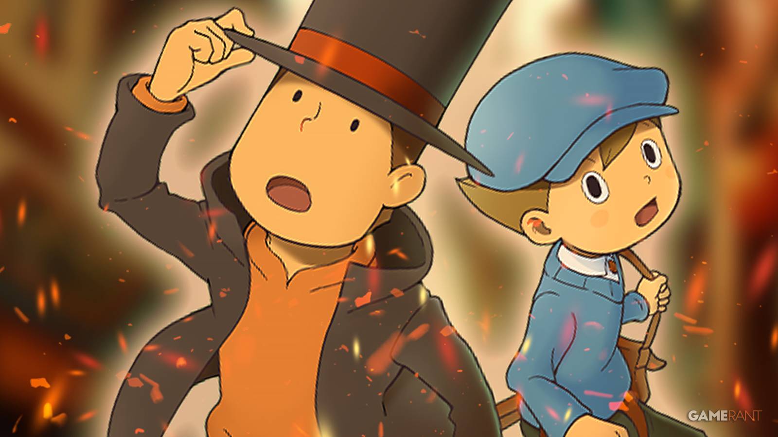 Professor Layton and Luke Triton looking surprised surrounded by fire embers 2x1 composite