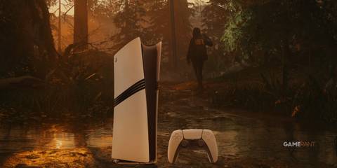 A screenshot from Alan Wake 2 of an FBI agent in the forest, modified to show the PS5 hardware in the foreground.