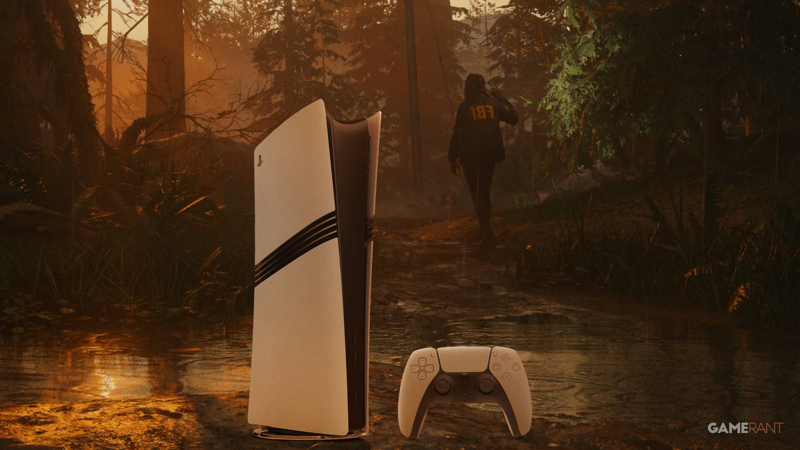 A screenshot from Alan Wake 2 of an FBI agent in the forest, modified to show the PS5 hardware in the foreground.