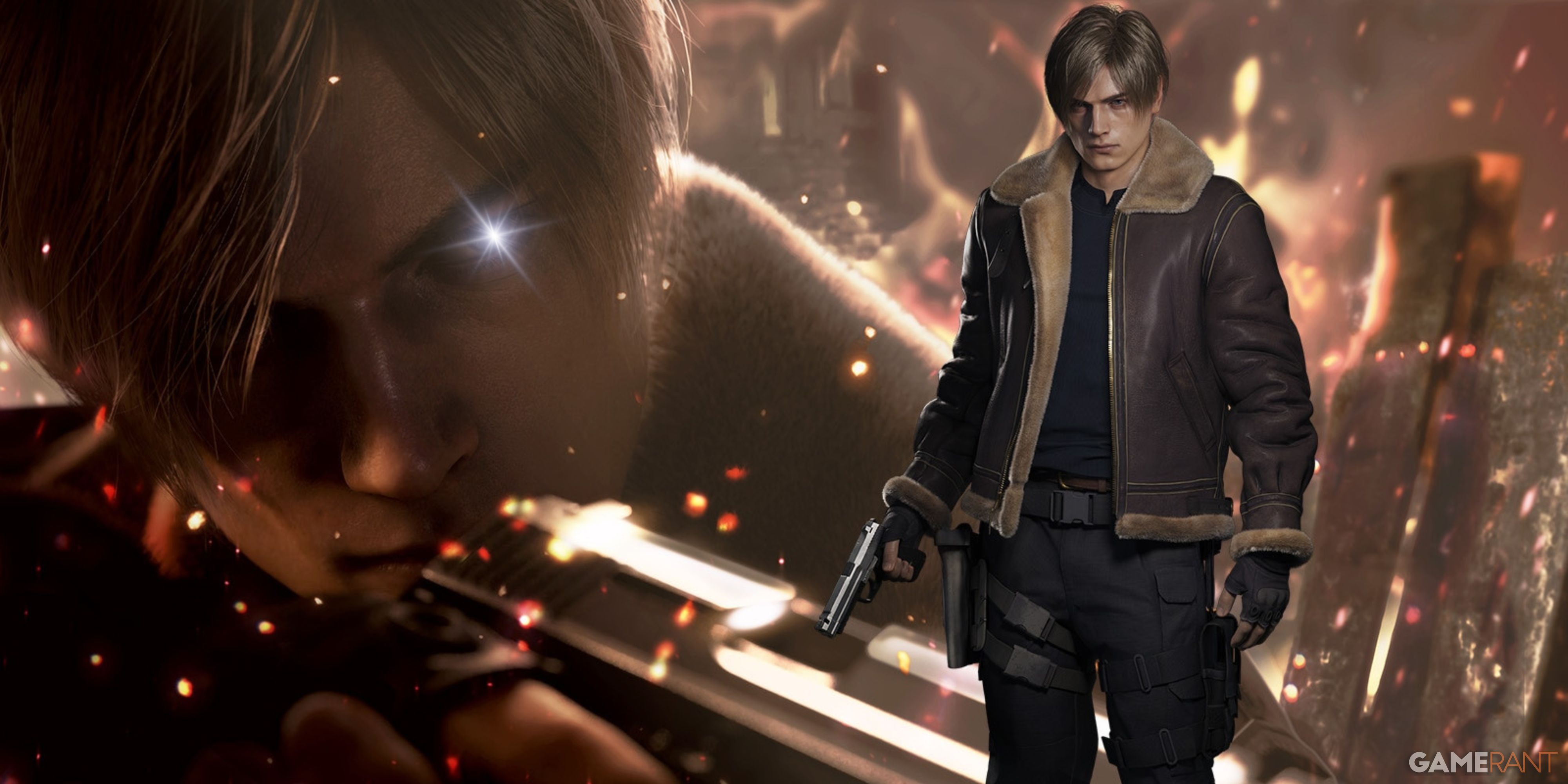 leon in resident evil 4 remake holding a handgun.