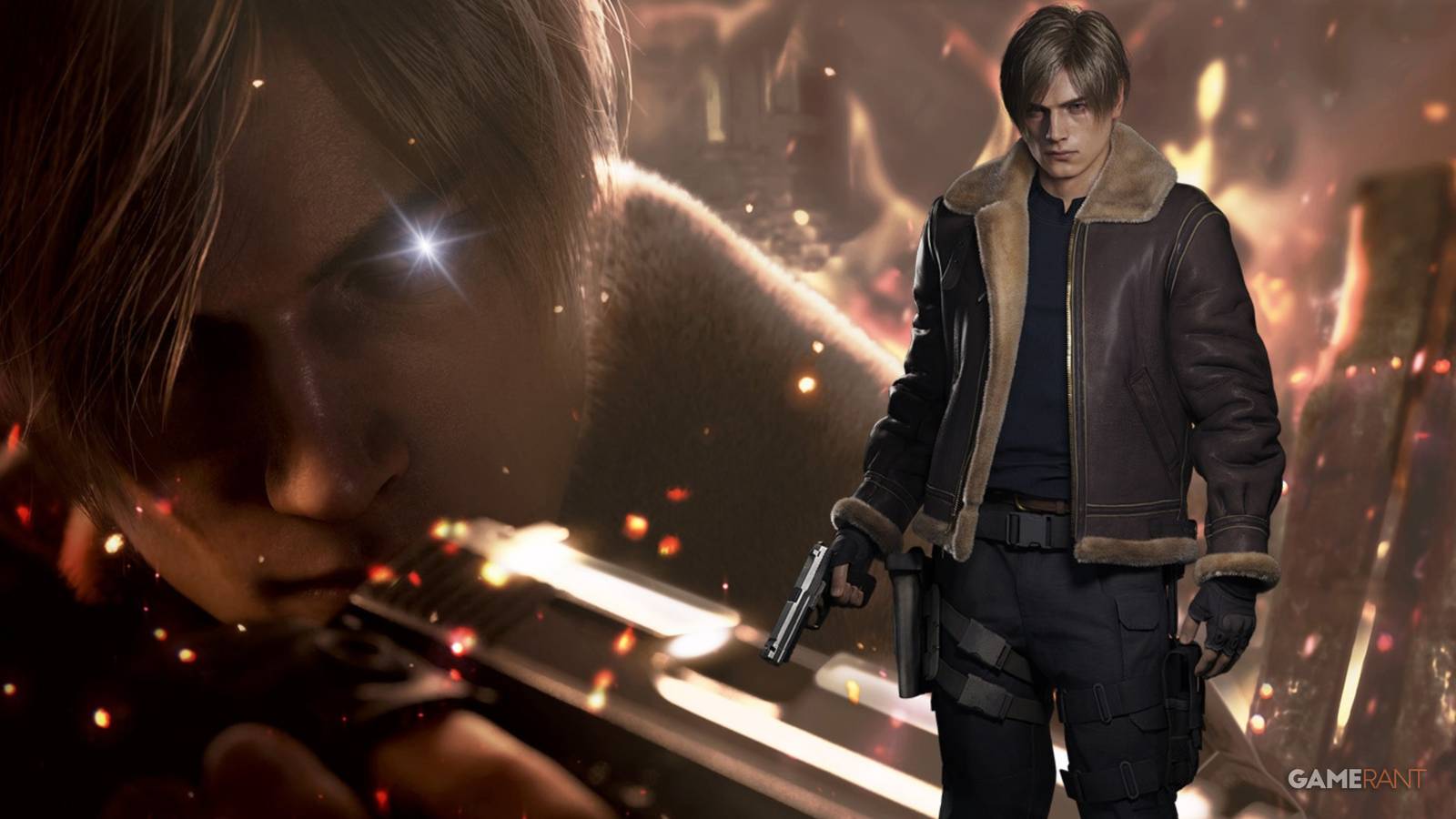 leon in resident evil 4 remake holding a handgun.