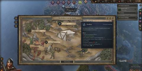 Reviewing camp structures and benefits for Landless Adventurers in Crusader Kings 3, including Pavillion effects