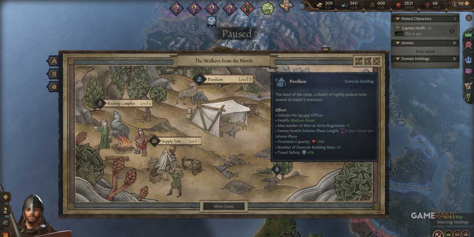 Reviewing camp structures and benefits for Landless Adventurers in Crusader Kings 3, including Pavillion effects